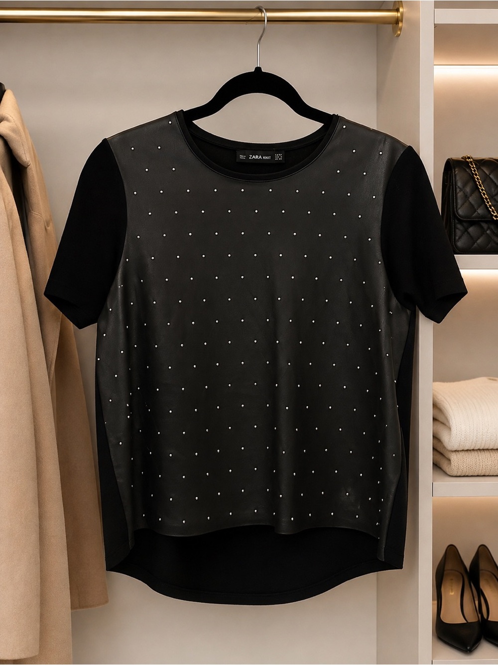 ZARA Black Short-Sleeve Faux-Leather Front Studded Tee